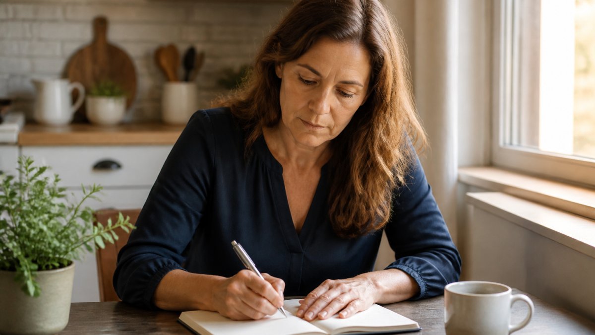Woman in her 40s journaling symptoms to track patterns of hormonal imbalance in a daily planner