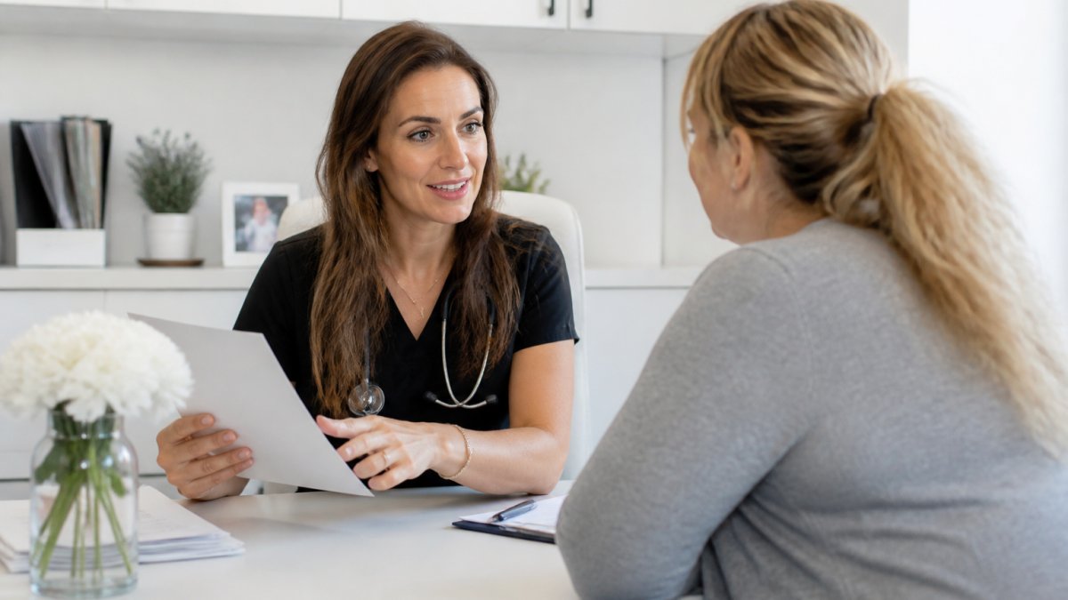 Nurse practitioner reviewing lab results with a patient, a simply wurth it alternative for personalized care.