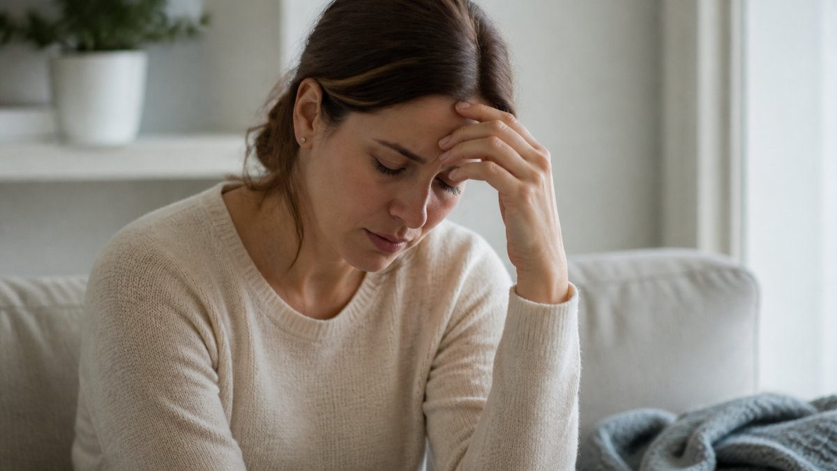 Stressed person holding their head in frustration while experiencing symptoms of a hormonal imbalance