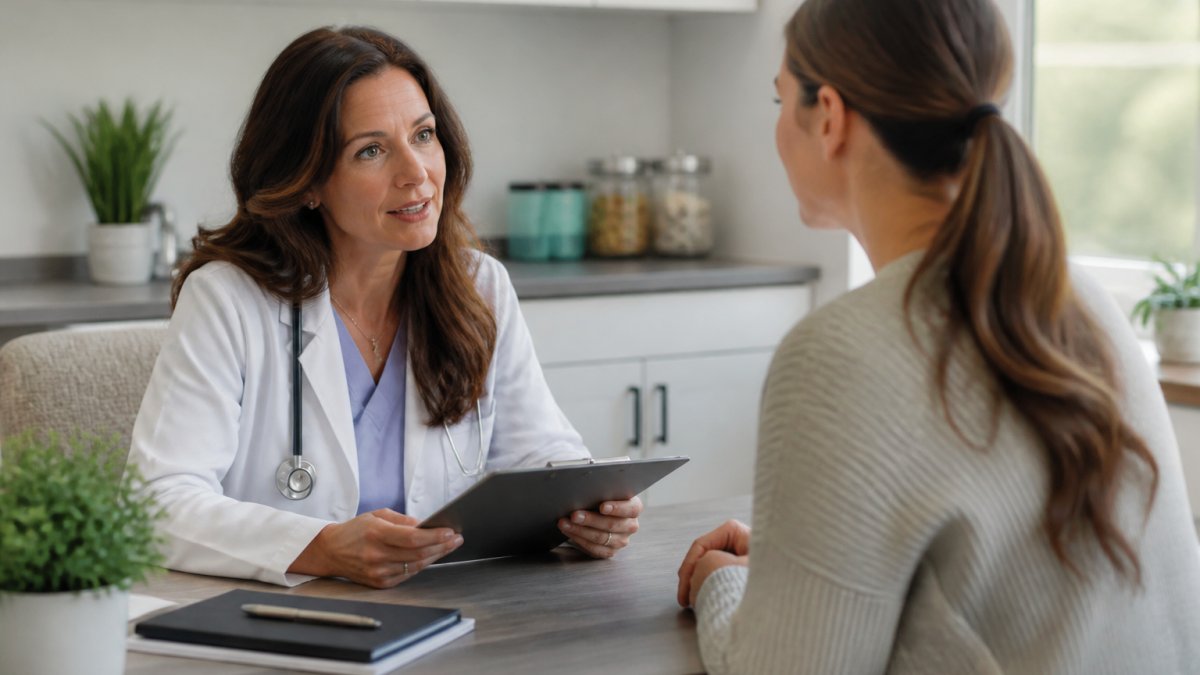Healthcare provider reviewing a personalized physician-supervised weight loss plan with a patient in a clinic.
